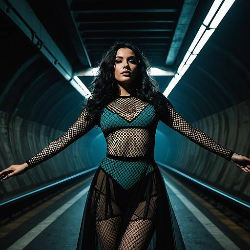 Woman in Sheer Fishnet Dress in Urban Tunnel