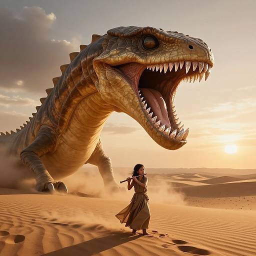 Photorealistic CGI: A fierce, massive T-Rex with sharp teeth lunges at a woman in a flowing dress, standing in a desert at