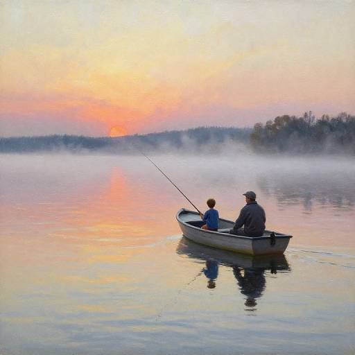 Photograph of two silhouetted men fishing in a small boat on a calm, misty lake at sunrise, with a vibrant orange and pink