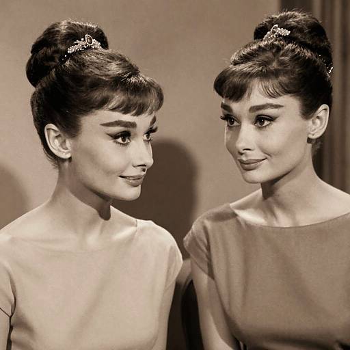 Black-and-white photograph of two elegant women with dark hair in updos, wearing tiaras and simple dresses, smiling at each other.