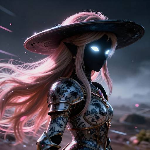 CGI image of a glowing, faceless, armored female figure with flowing pink hair, wearing a large hat, against a dark, misty background
