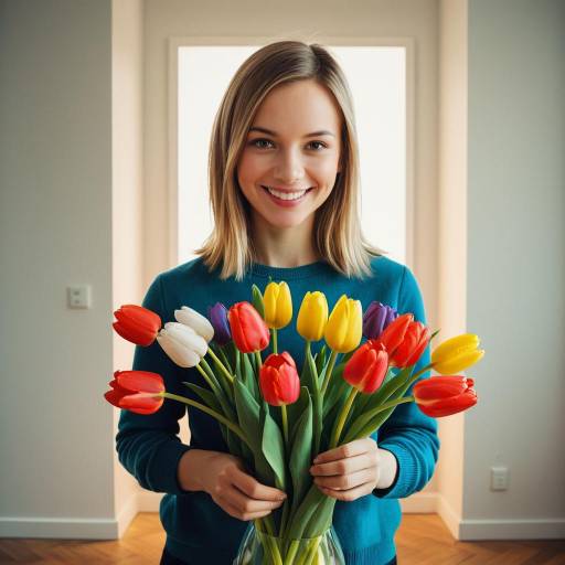 Smiling Woman Holding Colorful Tulip Bouquet