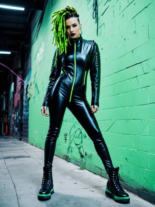 Edgy Woman with Neon Green Dreadlocks in Leather Catsuit
