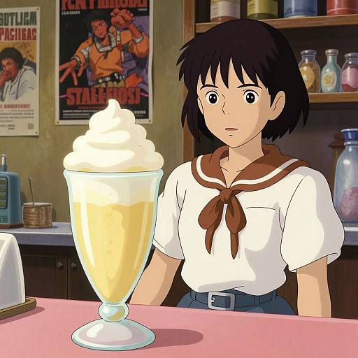 Anime-style drawing of a surprised girl in a white sailor shirt with brown necktie, sitting at a diner counter with a tall, creamy milkshake.
