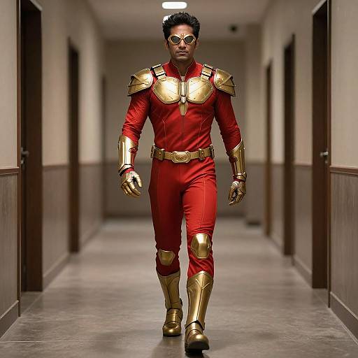Photograph of a man in a red superhero suit with gold armor, sunglasses, and boots walking down a dimly lit hallway.