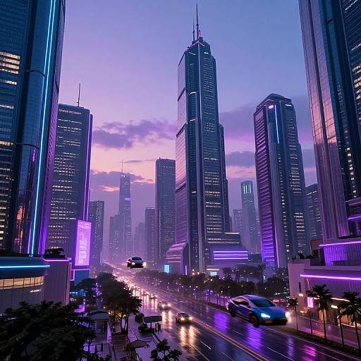 Neon-lit, futuristic cityscape at dusk with towering skyscrapers, purple and pink sky, glowing lights, busy street with blurred cars,