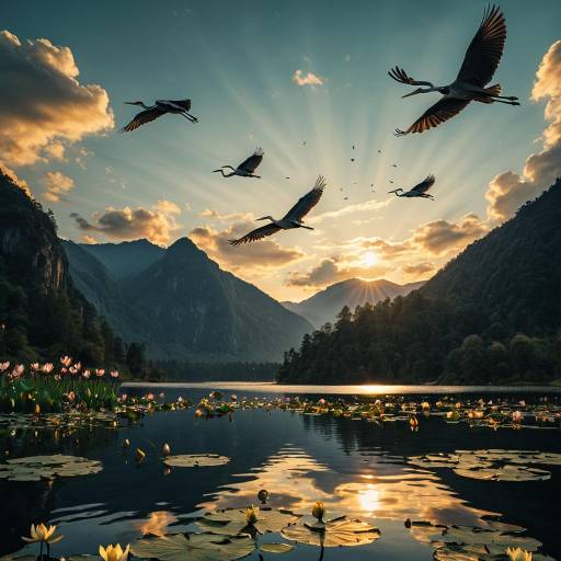 Herons Flying Over Serene Mountain Lake at Twilight