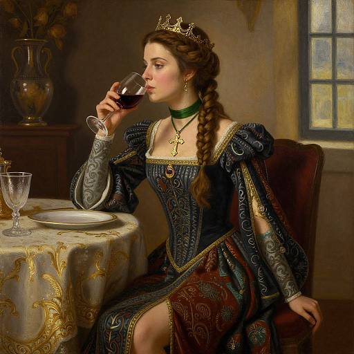 Photorealistic painting of a crowned woman in medieval dress, sipping wine, seated at an ornate table, braid, gold jewelry, dim