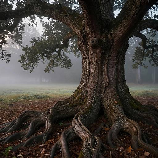 Ancient Oak Tree with Exposed Roots in Foggy Forest