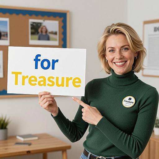 Cheerful Woman Pointing to Treasure Sign