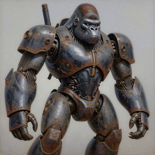 Photograph of a muscular, anthropomorphic gorilla robot with metallic, rusted armor, red eyes, and a gun attached on its back.