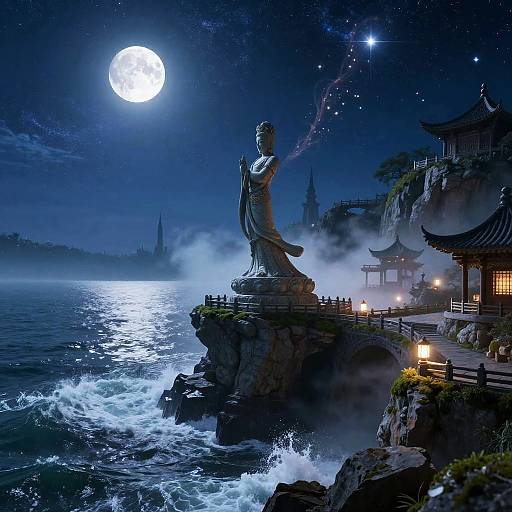 Monumental Stone Dancer on Moonlit Cliff by Ocean