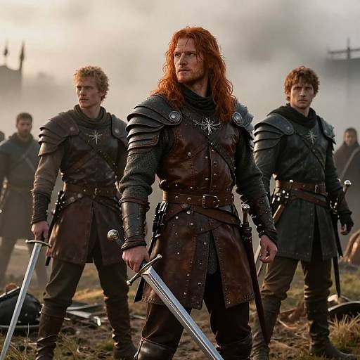 Photograph-style CGI of three red-haired, armored Viking warriors with long hair, holding swords, standing in a misty, grassy battlefield.