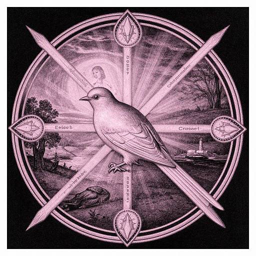 Magical bird illustration in monochromatic purple, centered in a radiant, circular, cross-like design with crystals and labeled elements, set against a detailed