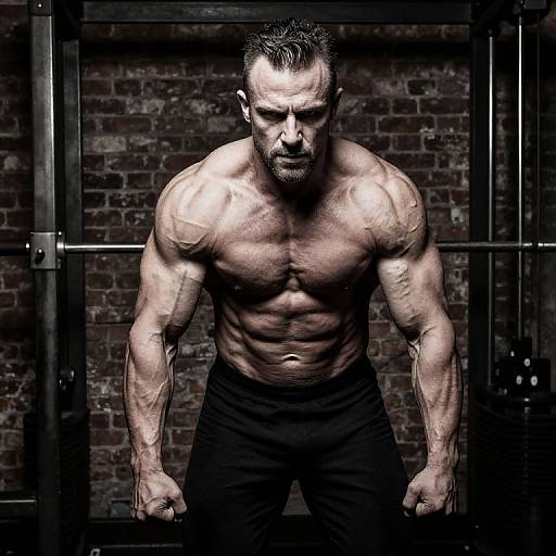 Photograph of a muscular, shirtless man with a stern expression, standing in front of a dark brick wall, wearing black pants, highlighting his defined
