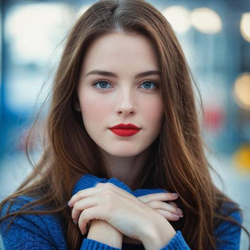 Young Woman with Red Lips and Blue Sweater