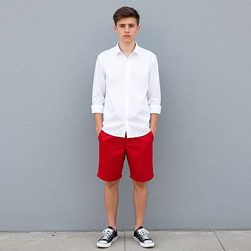 Photograph of a young man with short dark hair, wearing a white shirt, red shorts, and black sneakers, standing against a plain gray wall.