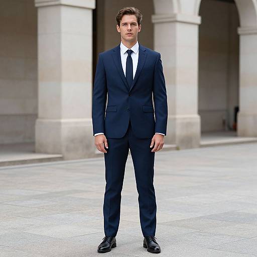 Photograph of a tall, white male in a dark blue suit, white shirt, black tie, and black shoes standing in a stone-columned courtyard