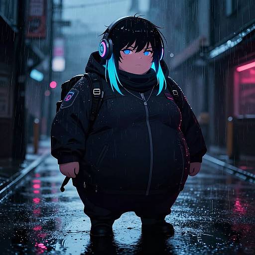 Cyberpunk anime girl with blue glowing eyes, black hair, neon headphones, and black coat stands in rain-laden, neon-lit street.