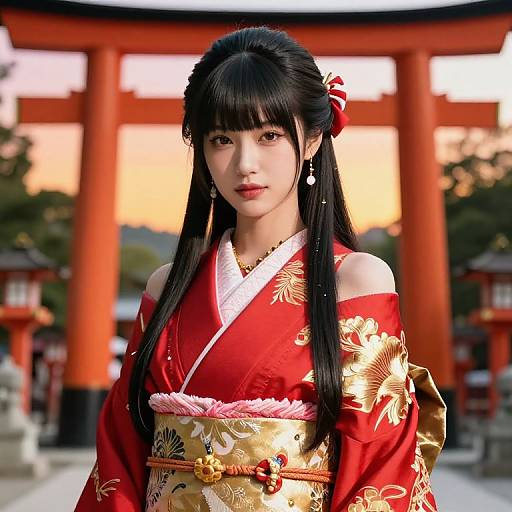 Photograph of an Asian woman in a red and gold kimono with floral patterns, standing in front of a traditional Japanese torii gate at sunset.