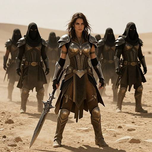 Photograph of a fierce, dark-haired warrior woman in ornate, metallic armor, holding a large sword, standing confidently in a desert with hooded