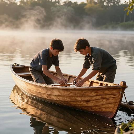Photograph of two young men in a wooden rowboat, repairing it on a misty lake at sunrise, wearing dark shirts.