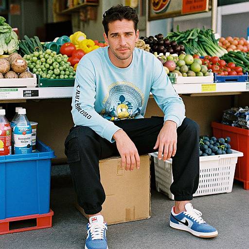 Photograph of a bearded man with short dark hair, wearing a light blue graphic sweatshirt, black pants, and blue sneakers, sitting on a