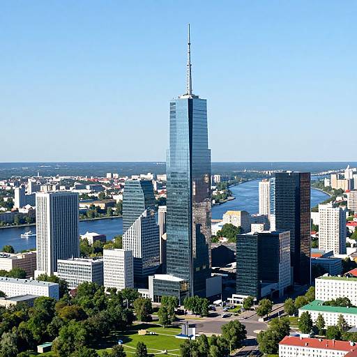 Aerial photograph of a cityscape featuring a tall, glass skyscraper with a spire, surrounded by various high-rise buildings, green park, and
