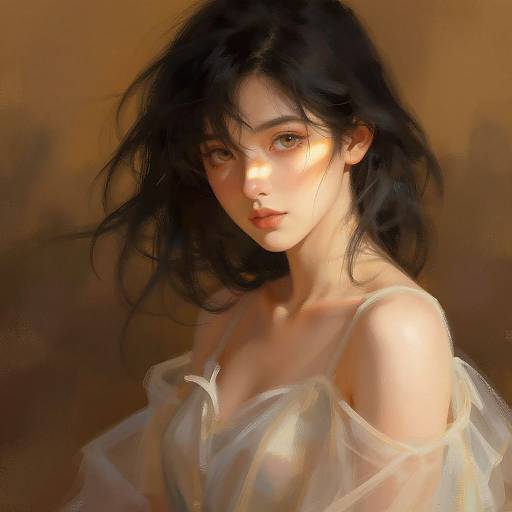 Digital painting of a beautiful, fair-skinned woman with black, wavy hair, wearing a sheer, off-shoulder white dress, illuminated by