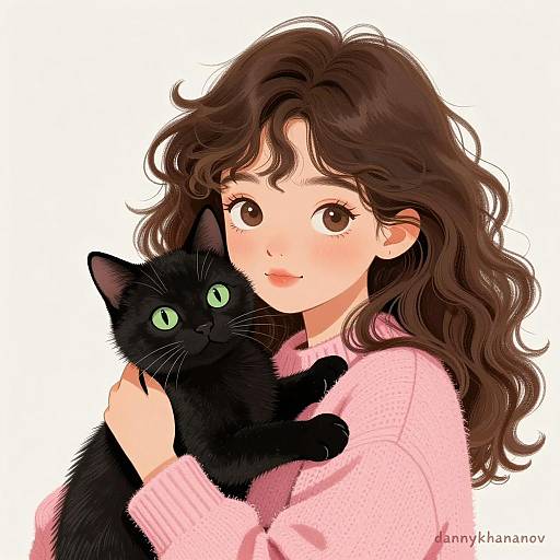 Charming Girl with Kitten Illustration