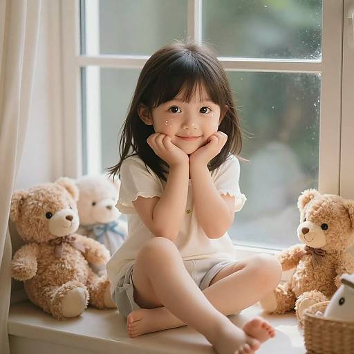 Photograph of an Asian girl with black hair, wearing a white shirt and grey shorts, sitting on a window sill surrounded by three teddy bears,