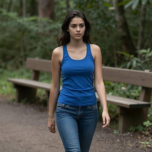 Focused Woman Walking Through Lush Forest