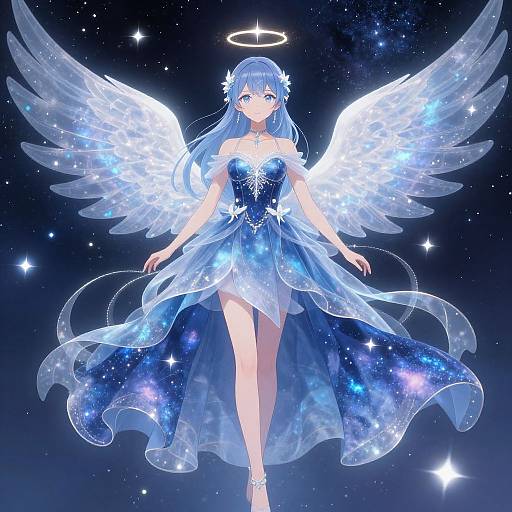 Digital anime-style drawing of a blue-haired angel with glowing white wings, wearing a starry blue dress and halo, floating in a starry night sky