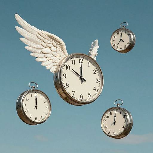 Photograph of four floating clocks with white faces, black numbers, and silver rims, one with white angel wings, against a clear blue sky.