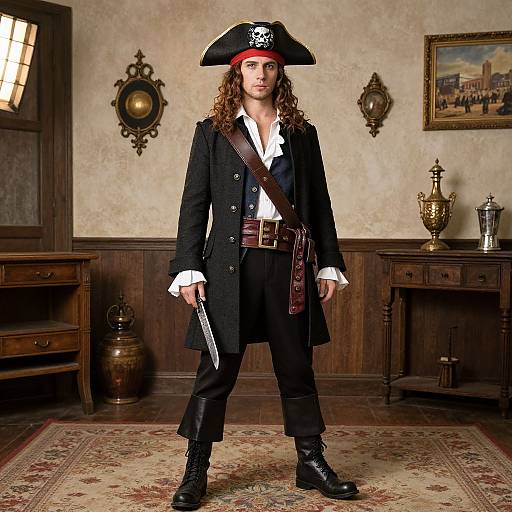 Photograph of a young man with long curly hair, wearing a pirate costume, black coat, white shirt, and tricorn hat, standing in a