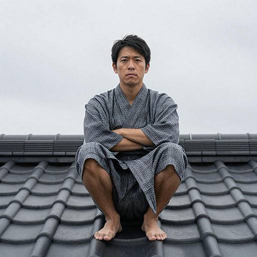 Serious Asian Man on Tiled Roof
