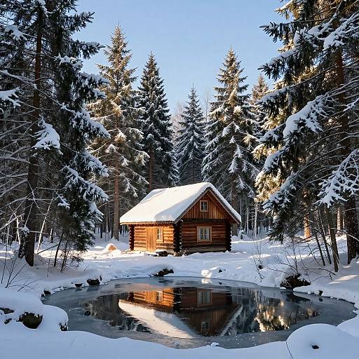 Serene Winter Cabin in Snowy Forest