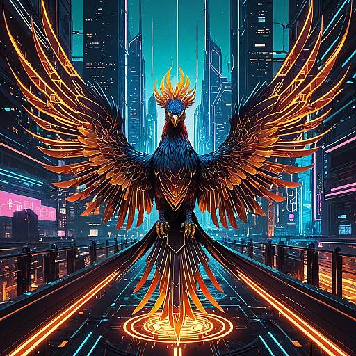 Cybernetic Phoenix in Neon Cityscape