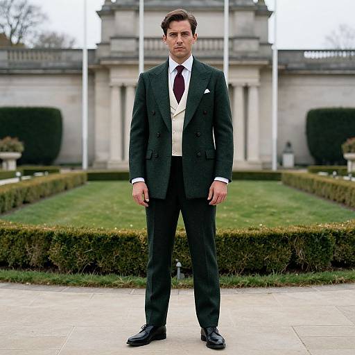 Photograph of a serious, fair-skinned man in a dark suit, white shirt, maroon tie, and beige vest standing in a formal garden
