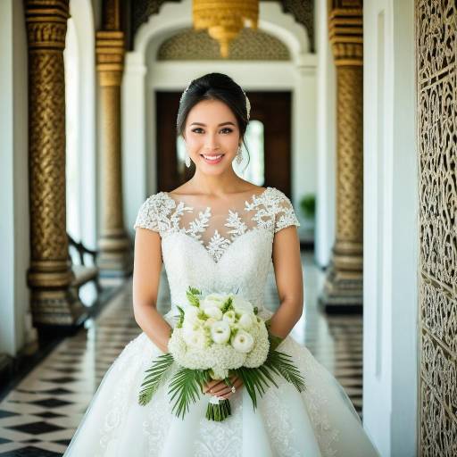 Smiling bride in white lace wedding dress holding bouquet