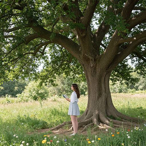Photograph of a woman with long brown hair in a white dress, standing under a large, leafy tree in a sunlit meadow, surrounded