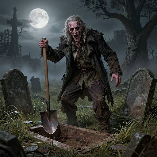 Photograph-style digital art of a wild-eyed, long-haired, grimy zombie-like figure with tattered clothes, holding a shovel, standing in a