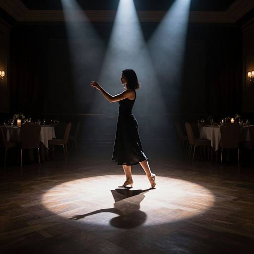 Photograph of a woman in a black dress dancing under three bright spotlights on a wooden floor in a dimly lit room with round tables and chairs