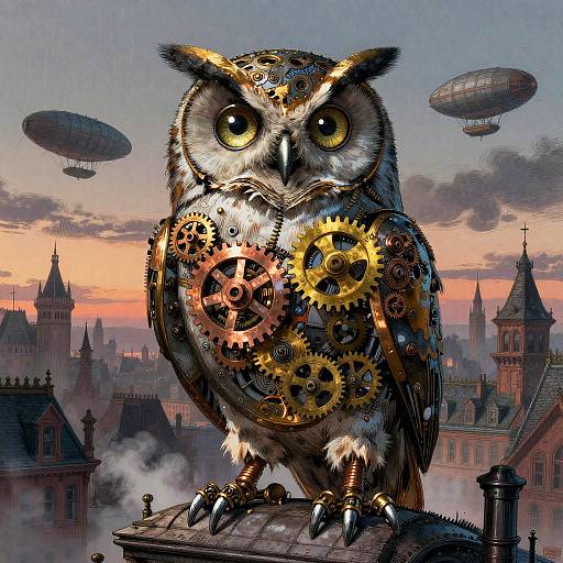 Steampunk owl with gears on its chest, perched on a rooftop, against a sunset cityscape with airships in the sky.