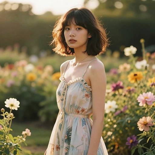 Photograph of an Asian woman with short black hair, wearing a floral sundress, standing in a sunlit, colorful garden.