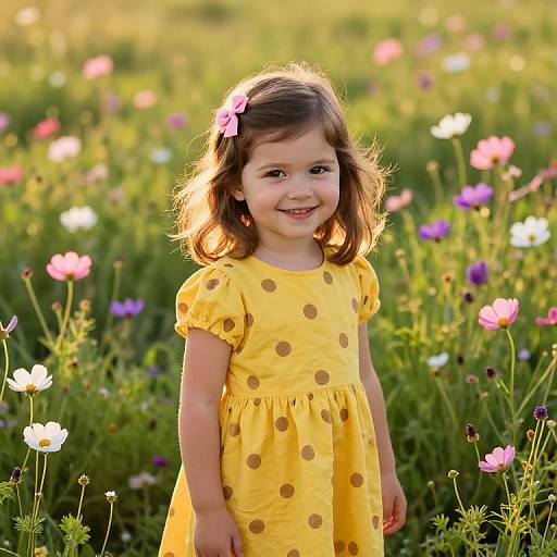 Photograph of a smiling young girl with brown hair, wearing a yellow polka dot dress, standing in a sunlit field of colorful wildflowers.