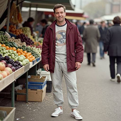 Photograph of a smiling man in a maroon jacket, white graphic tee, light gray pants, and white sneakers, standing at a bustling outdoor market