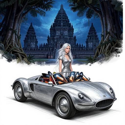 Digital artwork of a silver-haired woman in a silver bikini, seated in a sleek silver convertible, in front of ancient temple ruins at night. Dark trees