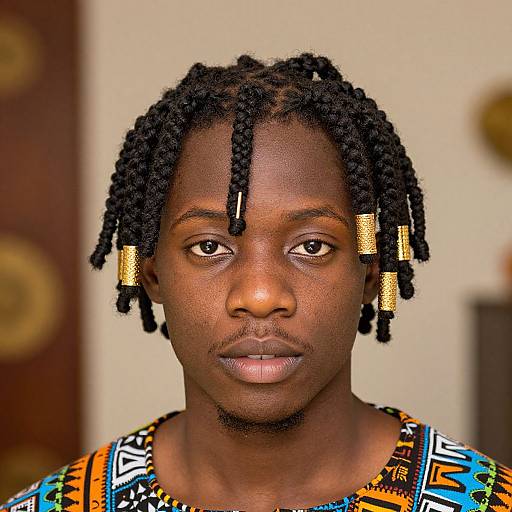 Photograph of a dark-skinned African woman with short black dreadlocks, gold beads, and a colorful, geometric-patterned blouse, looking directly at