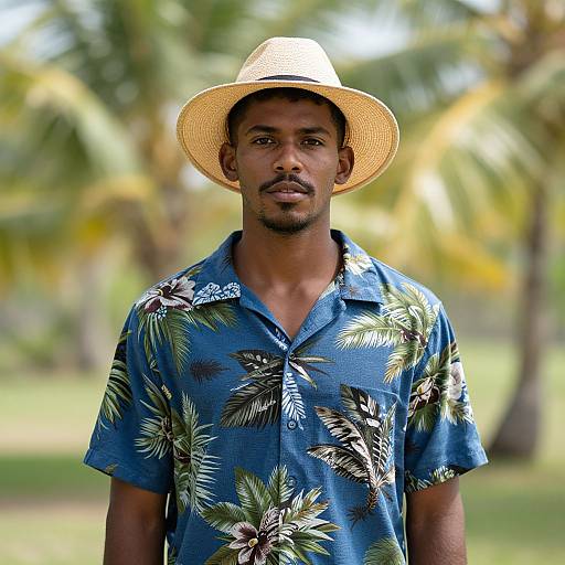 Photograph of a dark-skinned man wearing a blue, tropical-patterned shirt and a straw hat, standing outdoors with blurred palm trees in the background